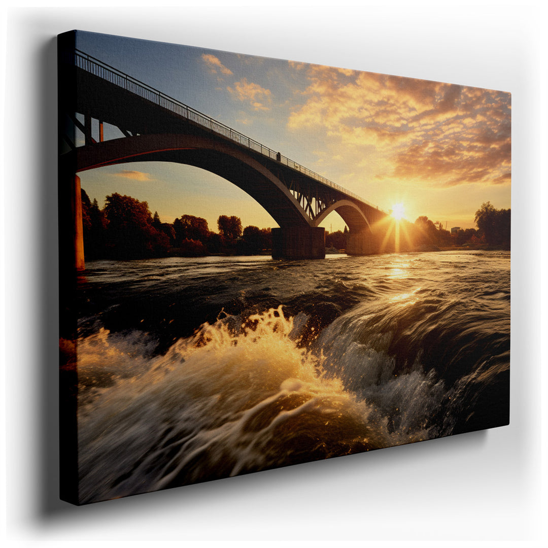 canvas print on wrapped canvas for wall decor – This enchanting wall art captures the serene beauty of a sunset as it casts its warm, golden hues across a tranquil rive...