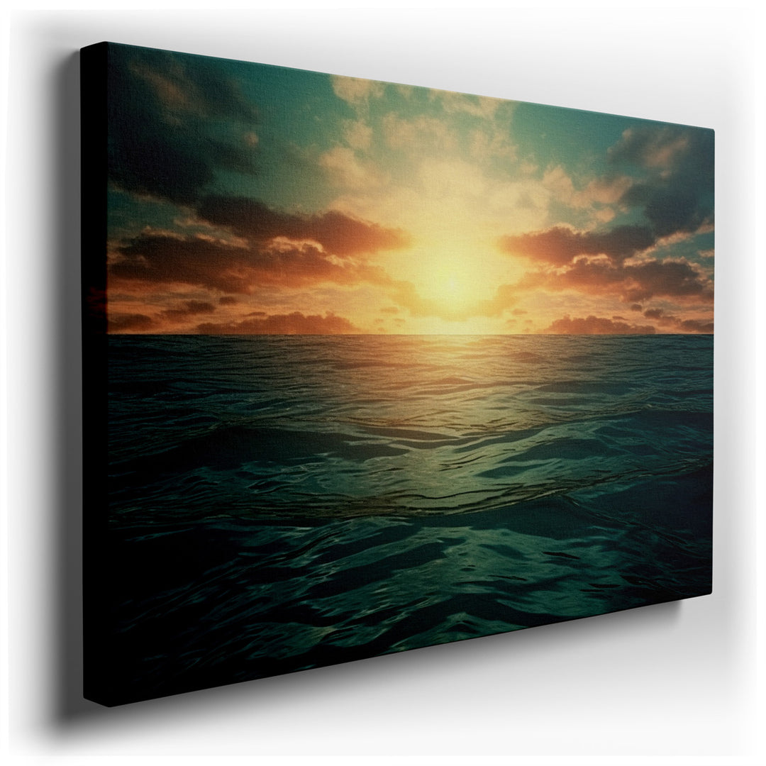 canvas print on wrapped canvas for wall decor – This wall art captures a breathtaking moment of natural splendor, depicting a dramatic sunset over the ocean that is bot...