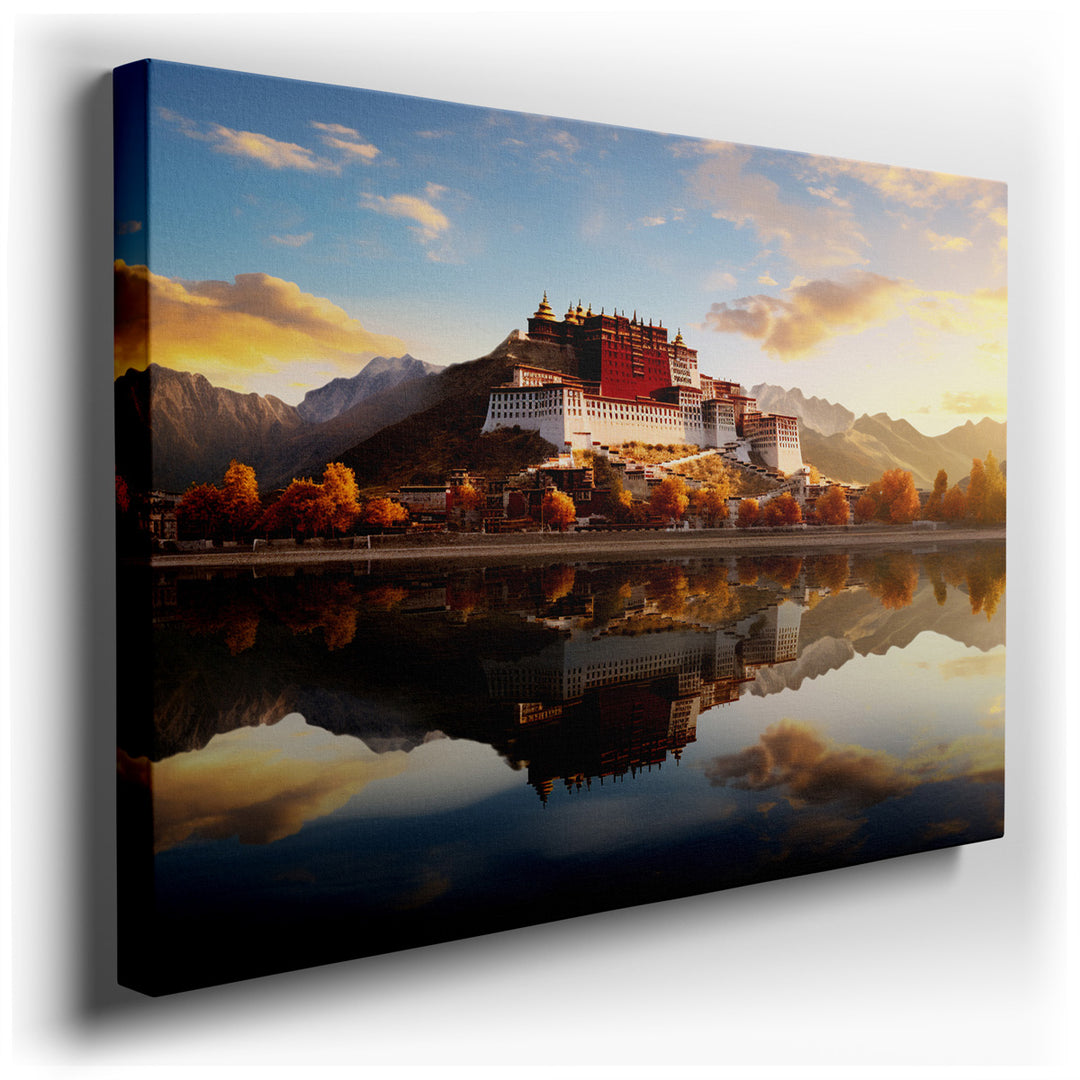 canvas print on wrapped canvas for wall decor – The wall art captures the majestic Potala Palace at a moment of breathtaking beauty, illuminated by the golden hues of a...