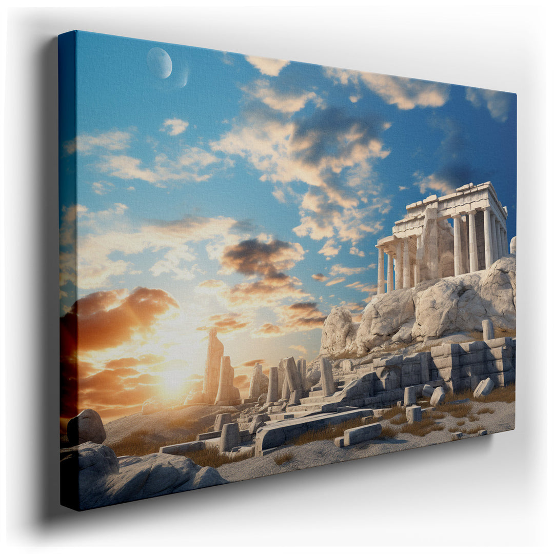 canvas print on wrapped canvas for wall decor – This digital rendering is a breathtaking portrayal of the ancient Greek Parthenon, set against the backdrop of a vividly...