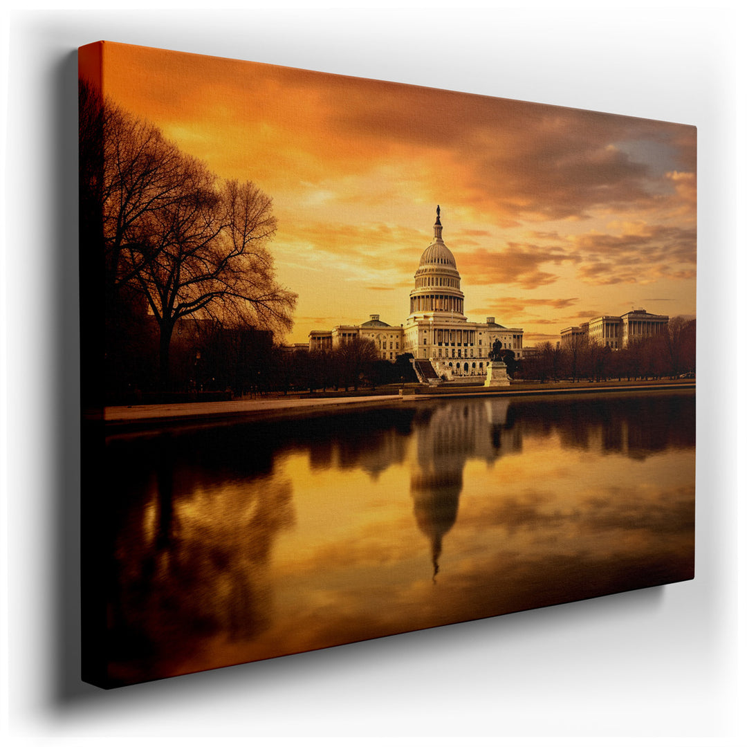 canvas print on wrapped canvas for wall decor – The wall art captures a breathtaking scene of the U.S. Capitol building at sunset, a moment when the day’s last light ca...