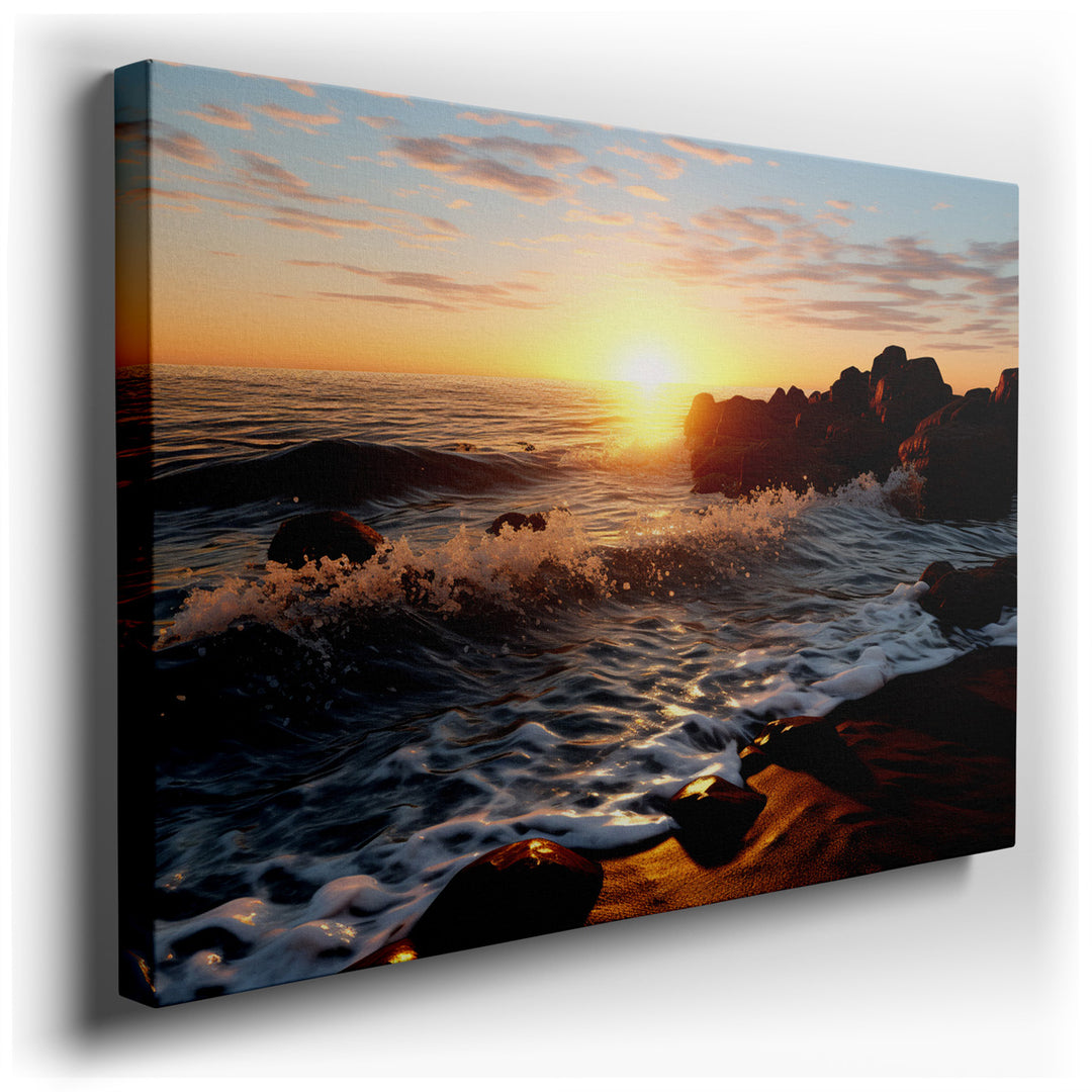 canvas print on wrapped canvas for wall decor – This enchanting wall art captures the serene beauty of a coastal sunset, where the golden hues of the fading sun kiss th...