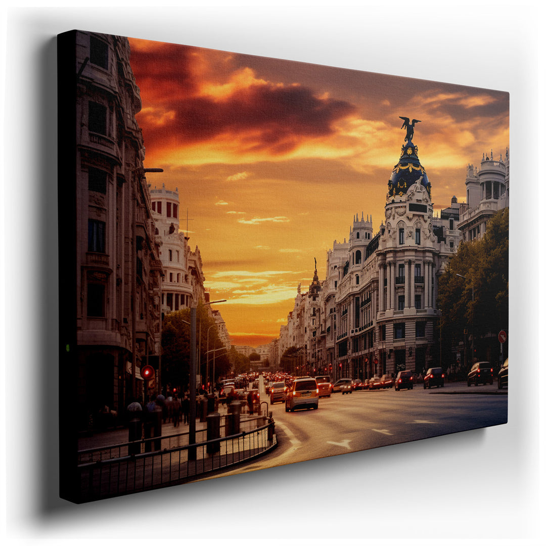 canvas print on wrapped canvas for wall decor – This wall art, a masterful depiction of a historic city street bathed in the golden light of a setting sun, is a true te...