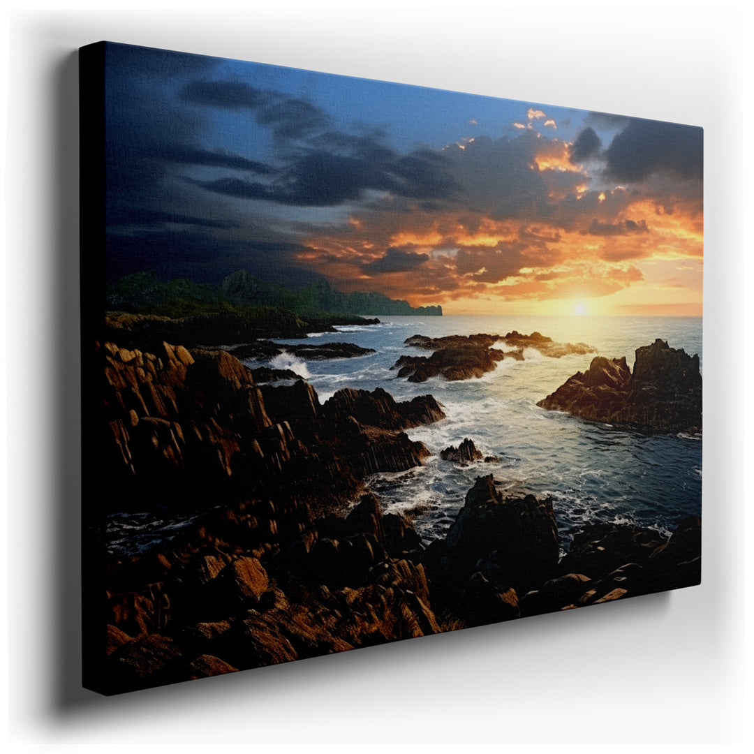 canvas print on wrapped canvas for wall decor – The wall art captures a mesmerizing coastal sunset, masterfully portraying the sun as it descends toward the horizon, ca...