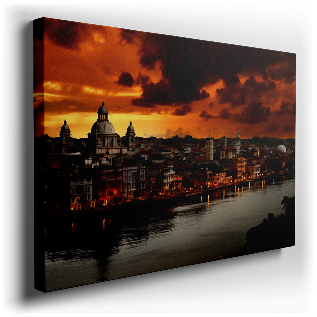 canvas print on wrapped canvas for wall decor – This wall art captures a moment of sublime beauty as the sun sets over a historic city, its last rays casting a fiery gl...