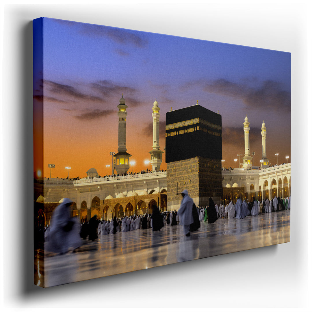 canvas print on wrapped canvas for wall decor – The wall art you are considering for your space captures a profoundly moving scene of the Kaaba at sunset, an image that...