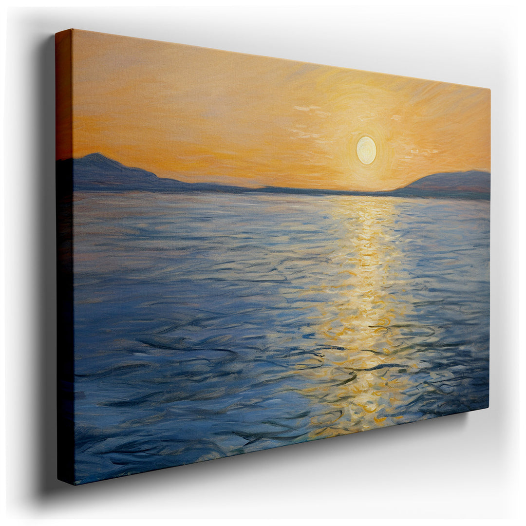 canvas print on wrapped canvas for wall decor – This exquisite wall art masterfully captures the ethereal beauty of a sunset as it casts its golden glow over a tranquil...