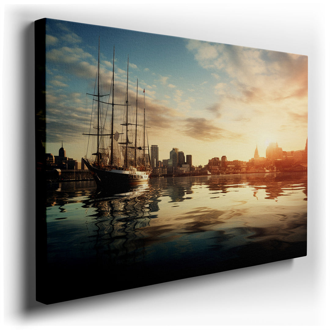 canvas print on wrapped canvas for wall decor – This wall art is a masterful depiction of a serene maritime scene juxtaposed against the bustling energy of a modern cit...