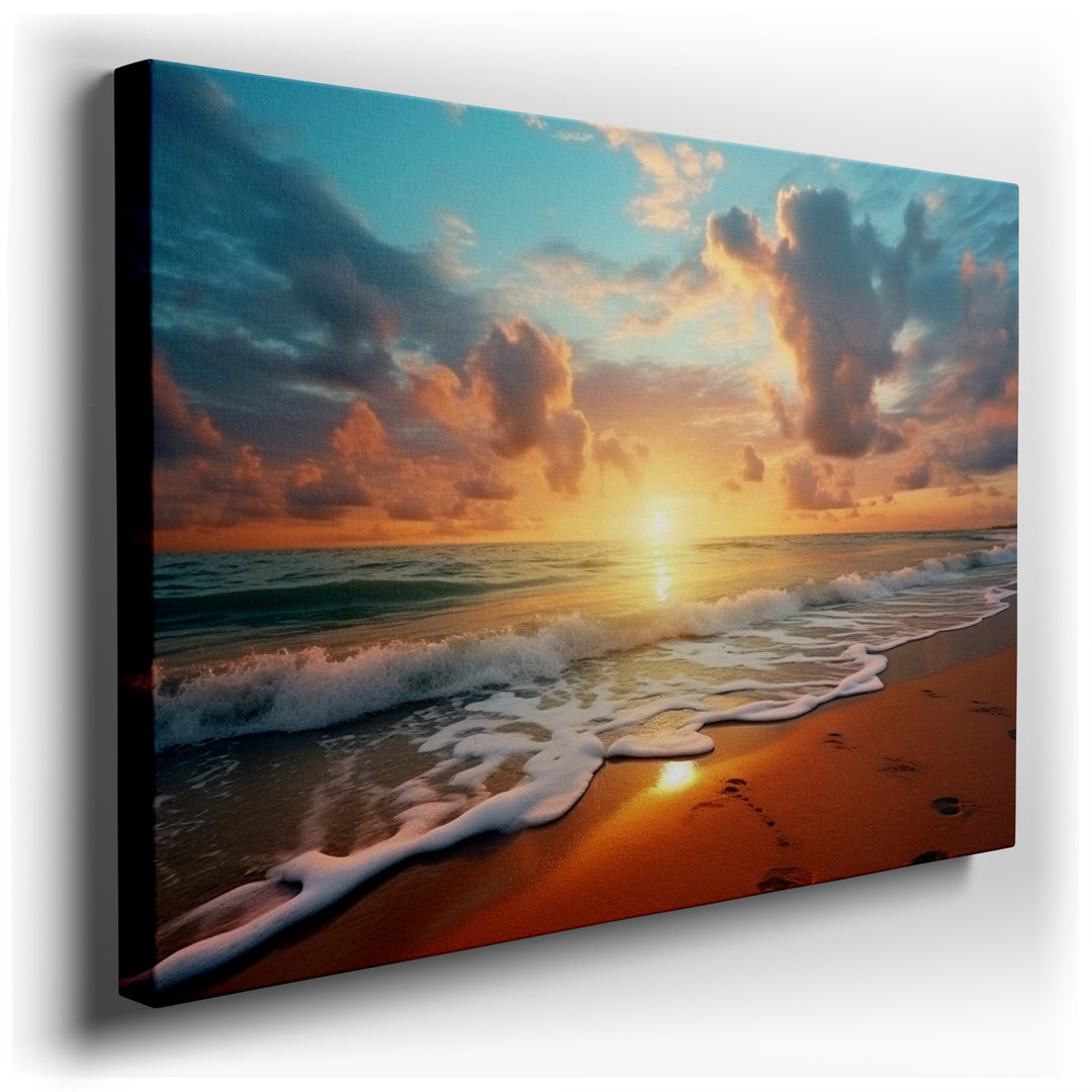canvas print on wrapped canvas for wall decor – This wall art captures a breathtaking sunset scene that is both tranquil and awe-inspiring. The artwork features a maste...