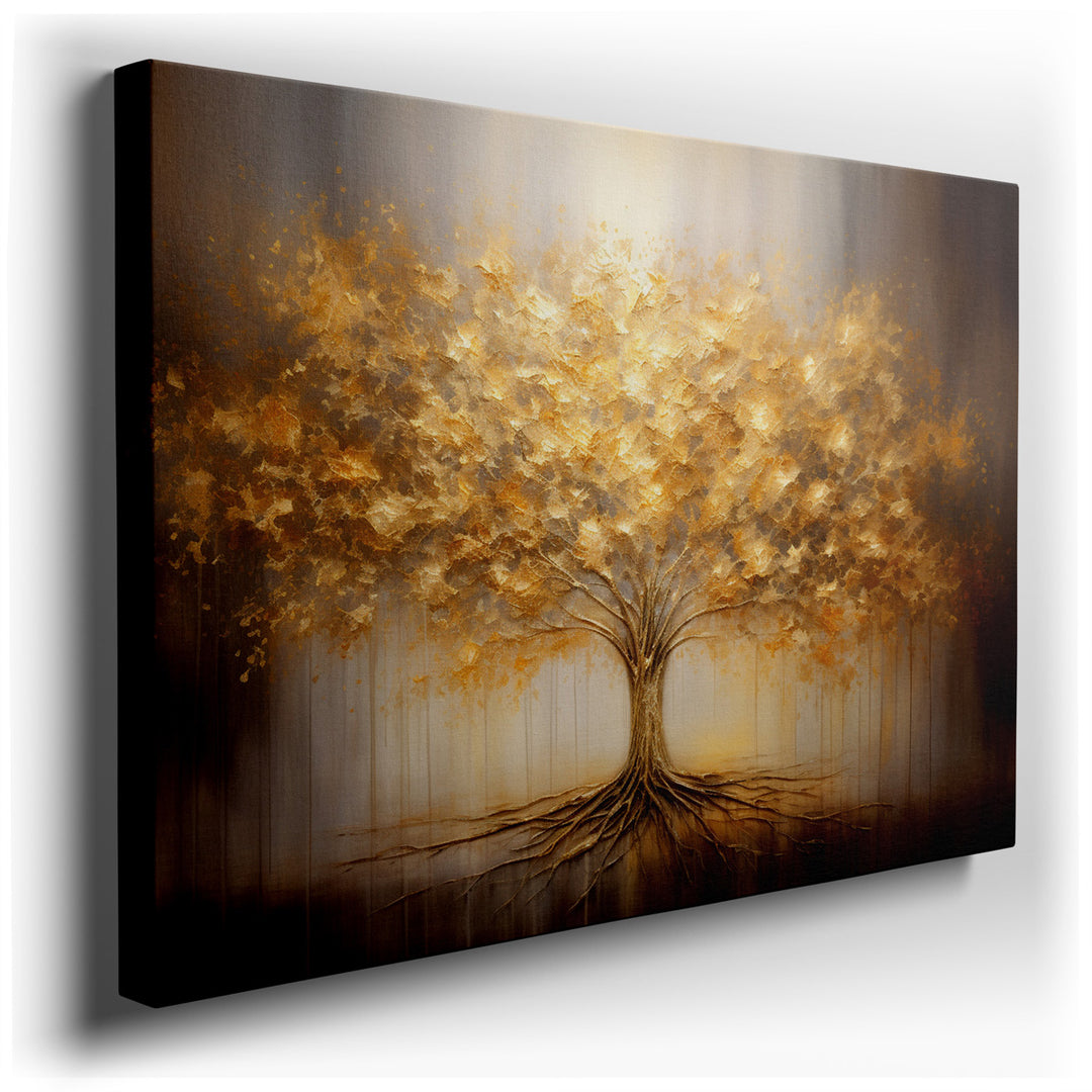 canvas print on wrapped canvas for wall decor – This captivating wall art, a masterful depiction of a radiant golden tree, is an artwork that commands attention and adm...