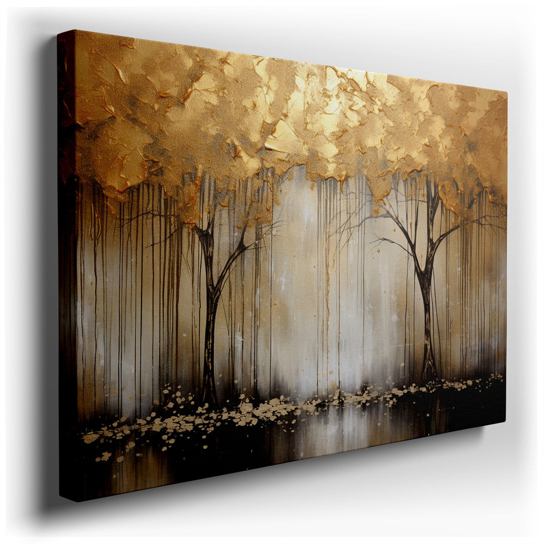 canvas print on wrapped canvas for wall decor – This exquisite wall art, a masterpiece of abstract art, presents a mesmerizing tableau of golden trees set against a pro...