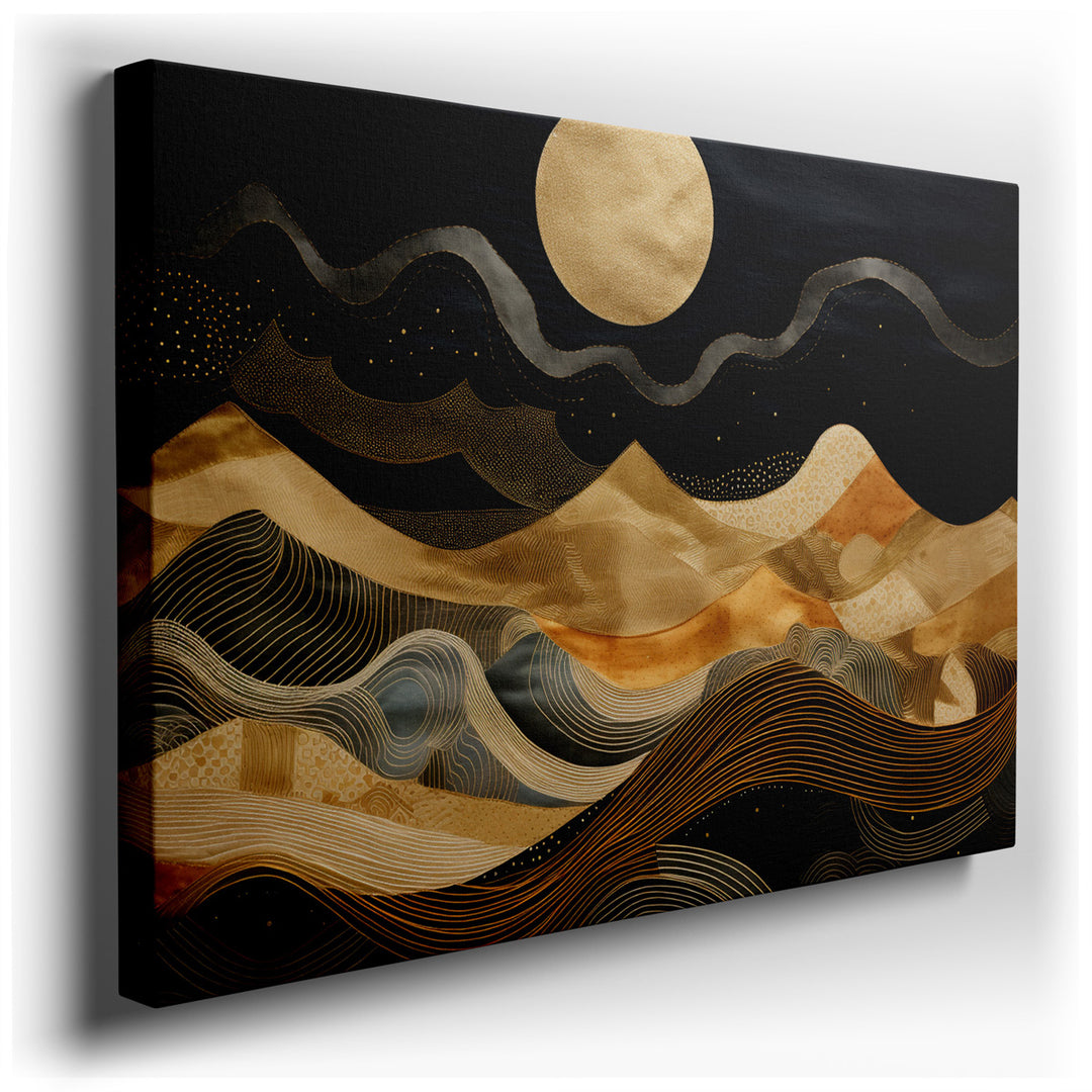 canvas print on wrapped canvas for wall decor – This wall art, an exquisite abstract landscape, is a masterful depiction of golden waves undulating beneath a grand, lum...