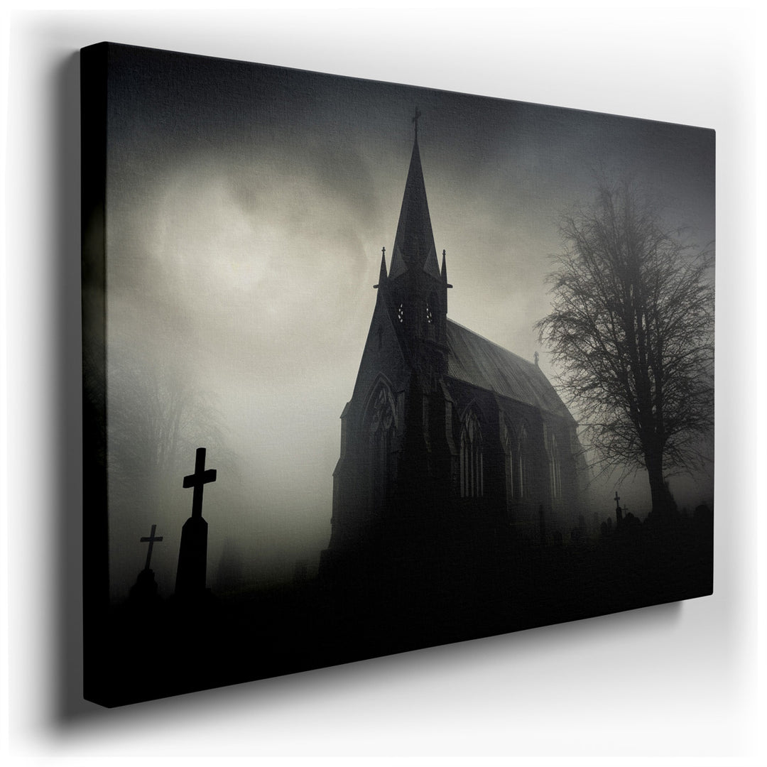 canvas print on wrapped canvas for wall decor – In the wall art, a hauntingly beautiful church rises majestically from a dense, enveloping fog, situated in the midst of...