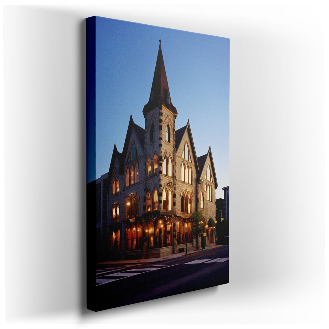 canvas print on wrapped canvas for wall decor – This wall art, a masterful depiction of a gothic-style building at dusk, is a true testament to the allure of historical...