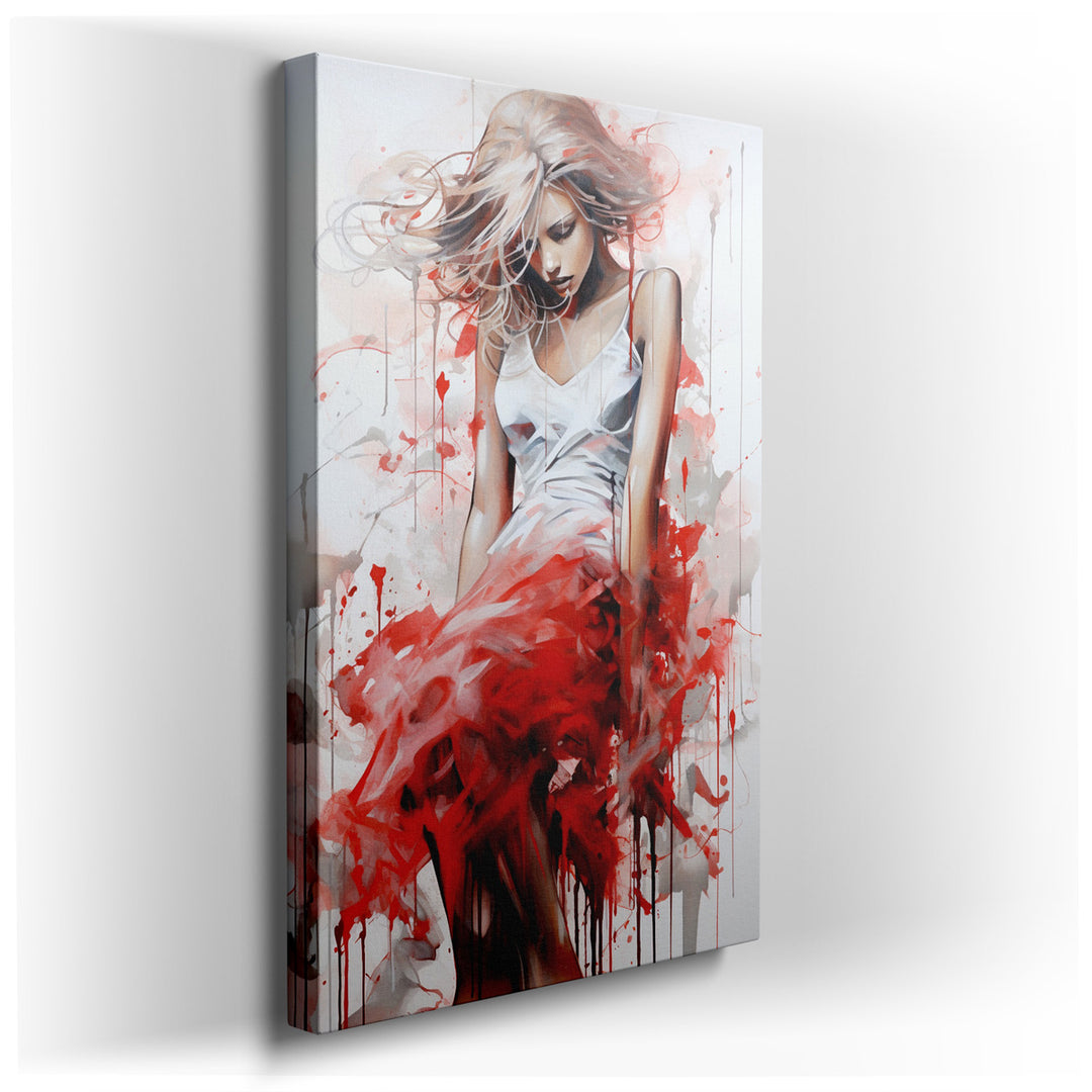 canvas print on wrapped canvas for wall decor – This captivating wall art portrays a graceful woman adorned in a flowing red dress, standing as the central figure amids...