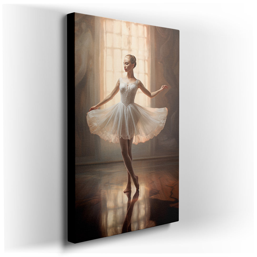 canvas print on wrapped canvas for wall decor – This exquisite wall art captures the ethereal beauty of a ballerina in the midst of a delicate twirl, her form embodying...