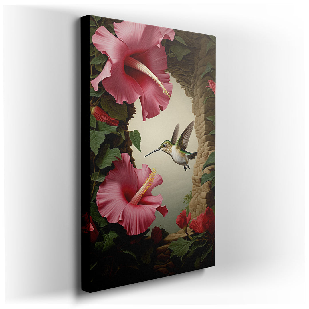 canvas print on wrapped canvas for wall decor – This enchanting wall art captures the vibrant essence of a hummingbird in mid-flight, its delicate wings a blur of motio...