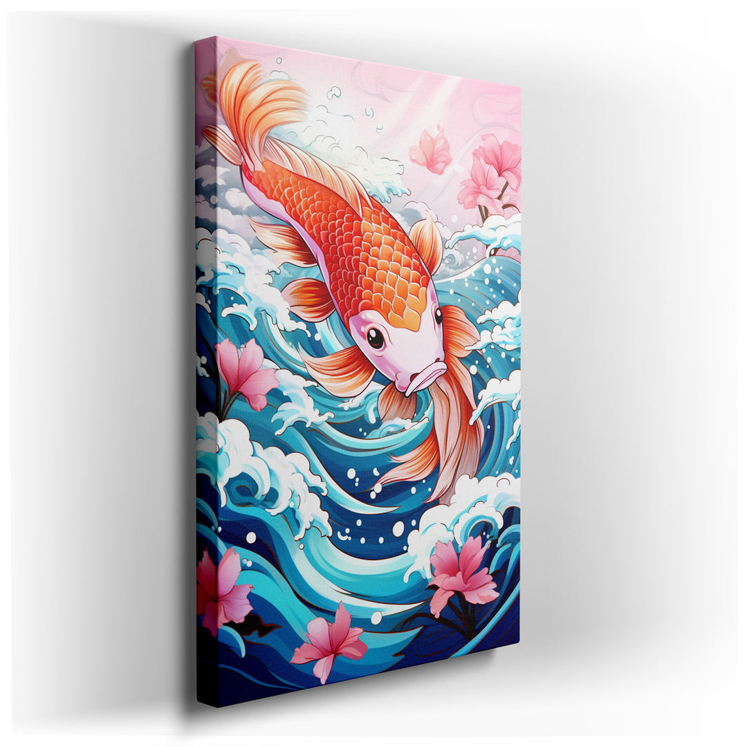 canvas print on wrapped canvas for wall decor – This exquisite wall art, a masterful depiction of an elegant koi fish gliding through serene waters, is a visual symphon...