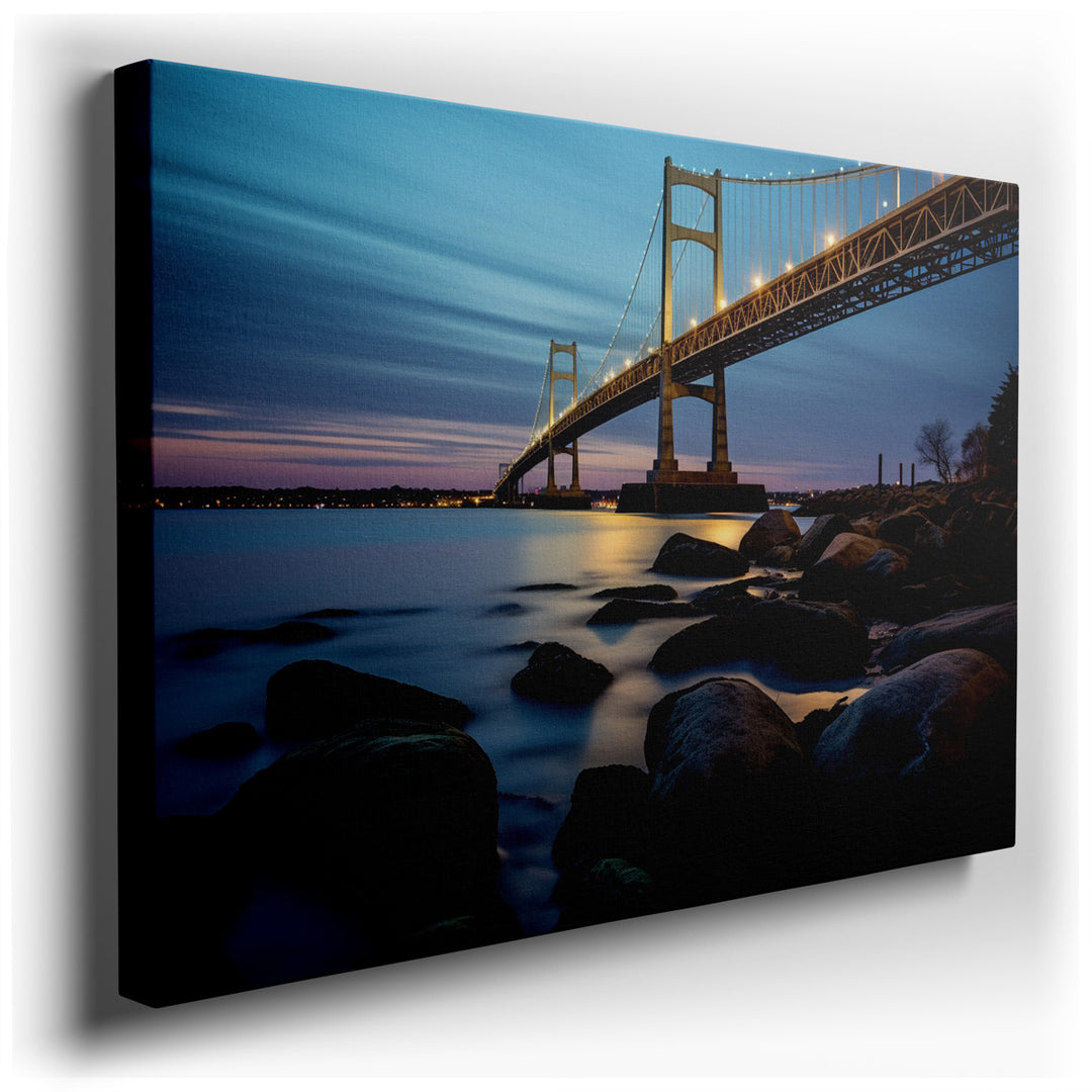 canvas print on wrapped canvas for wall decor – This wall art captures a breathtaking scene of a grand bridge, majestically spanning across a tranquil body of water, il...