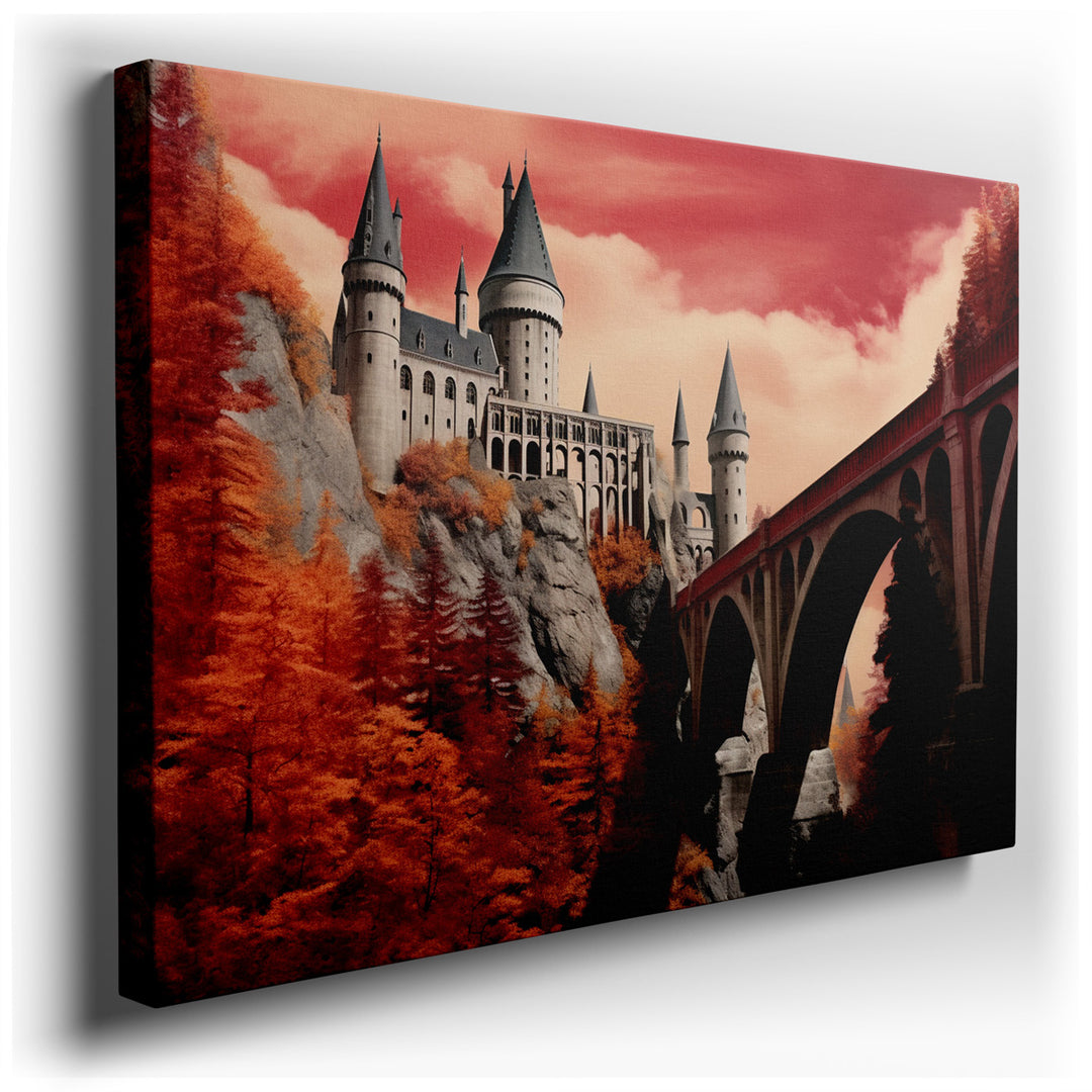 canvas print on wrapped canvas for wall decor – This wall art, a breathtaking depiction of a majestic castle set upon formidable rocky cliffs, is a masterpiece that cap...