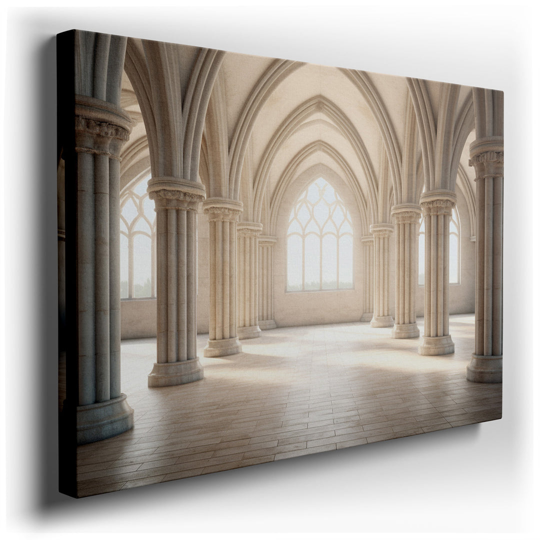canvas print on wrapped canvas for wall decor – The wall art in question is a masterful depiction of a grand interior, characterized by its stunning Gothic architecture...