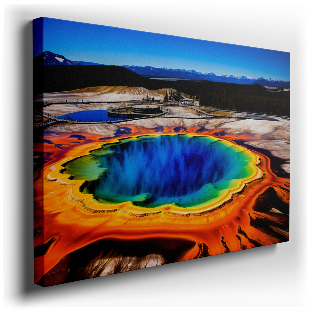 canvas print on wrapped canvas for wall decor – The wall art captures an awe-inspiring aerial perspective of the Grand Prismatic Spring, nestled in the expansive wilder...