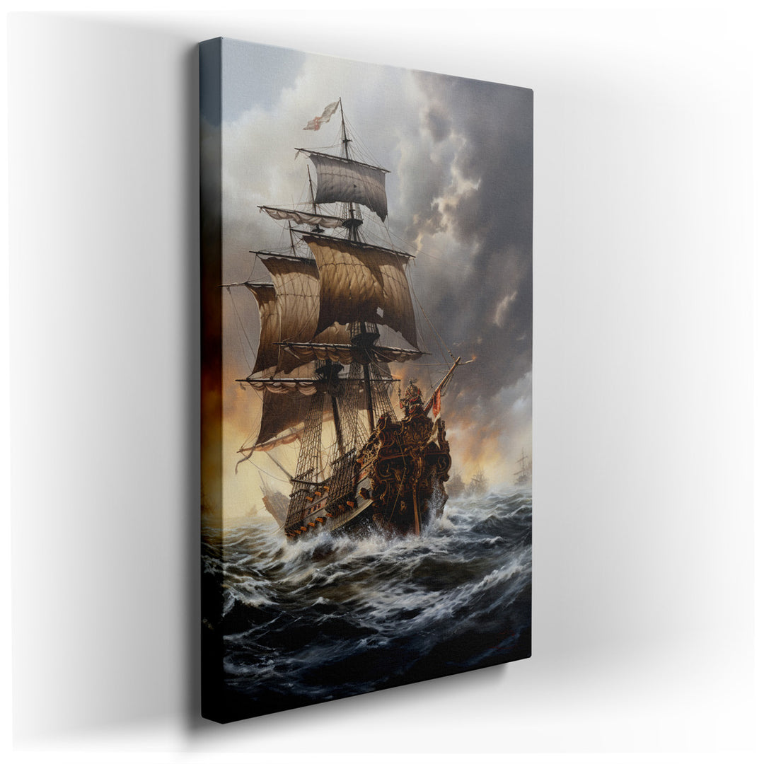 canvas print on wrapped canvas for wall decor – Imagine a grand sailing ship, its sails billowing with the force of a relentless wind, as it bravely navigates through t...