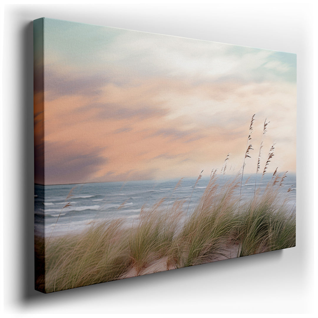 canvas print on wrapped canvas for wall decor – This wall art, a captivating depiction of grassy seaside dunes under a twilight sky, is a masterpiece that brings the se...