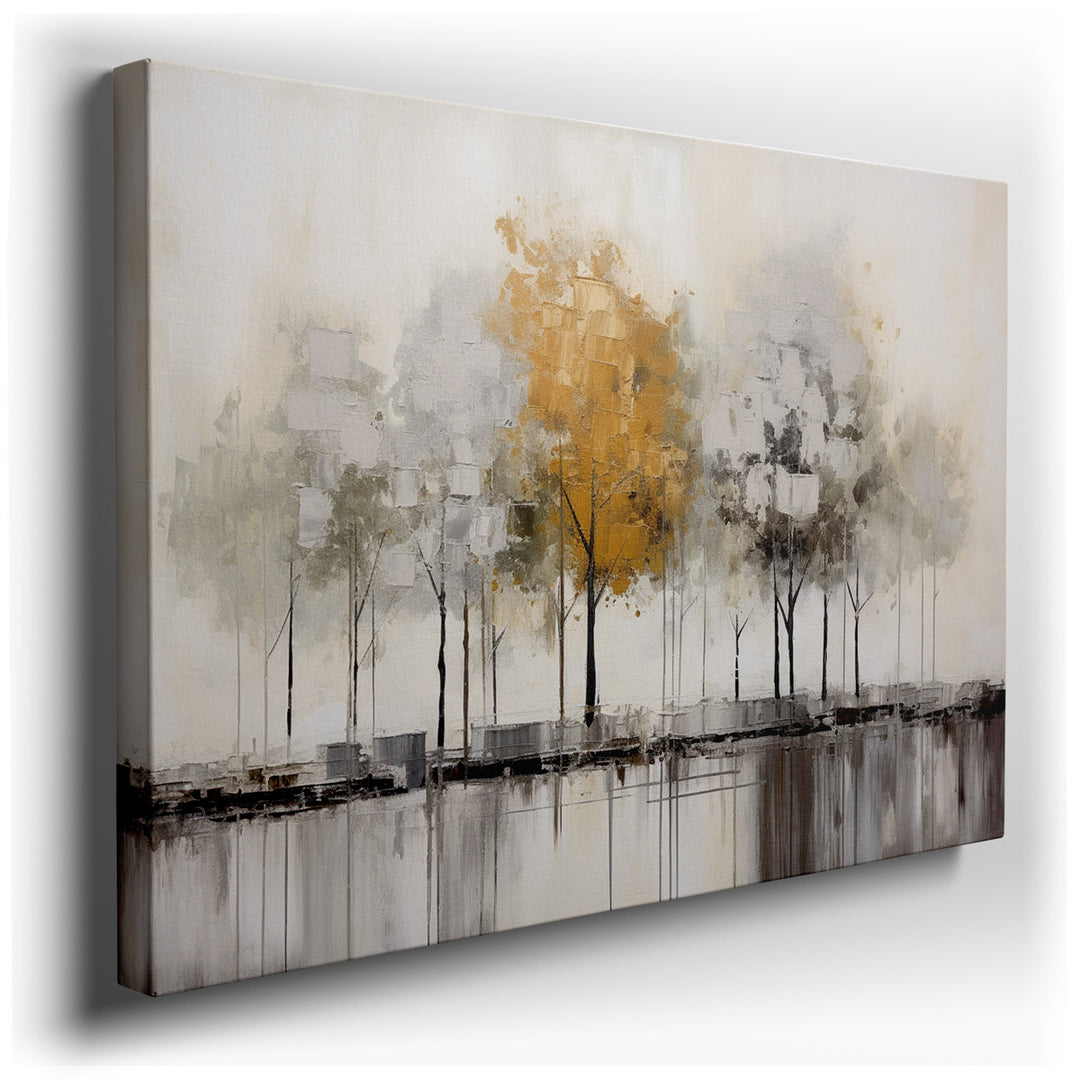 canvas print on wrapped canvas for wall decor – This wall art, a captivating blend of stylized trees rendered in soothing shades of gray punctuated by splashes of gold,...