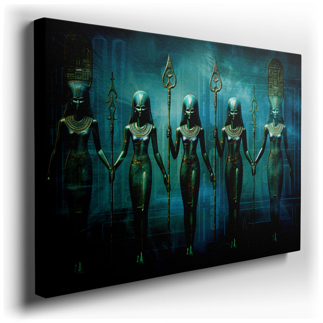 canvas print on wrapped canvas for wall decor – This wall art, a captivating and futuristic depiction of five ancient guardians, is a masterpiece that merges historical...