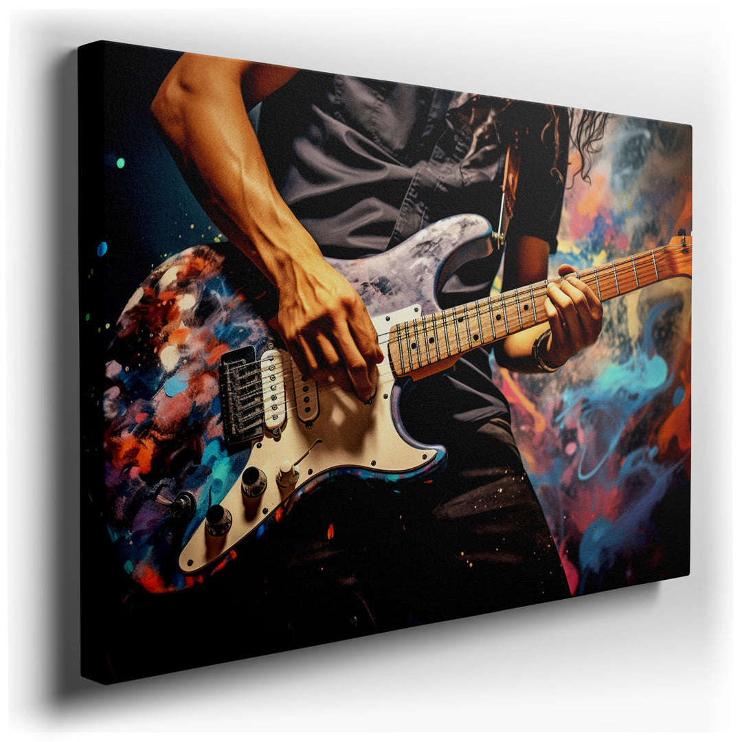 canvas print on wrapped canvas for wall decor – This wall art is a vivid and dynamic representation of a passionate guitarist immersed in the act of performance, captur...