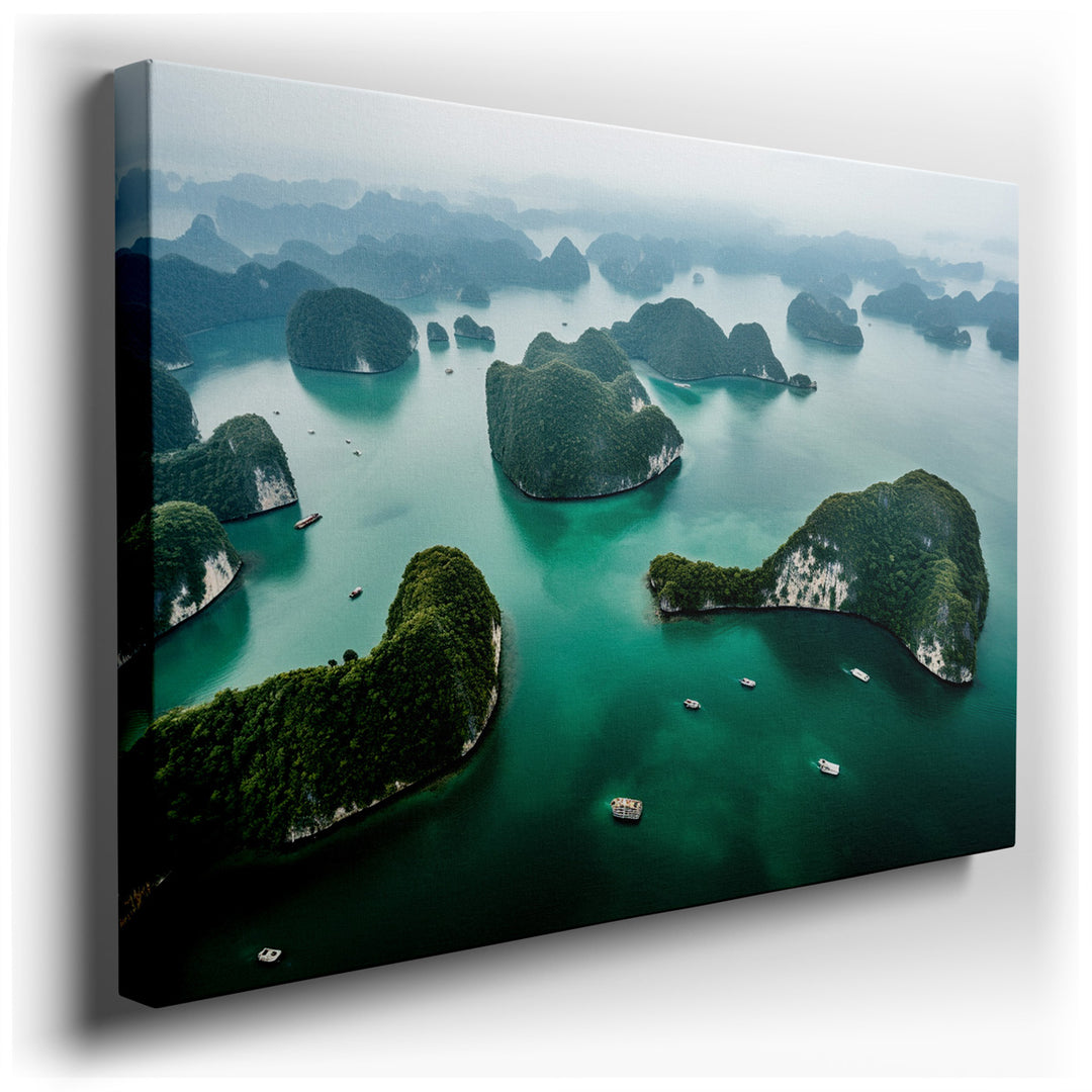 canvas print on wrapped canvas for wall decor – This wall art captures an expansive aerial view of Halong Bay, a renowned UNESCO World Heritage site celebrated for its...