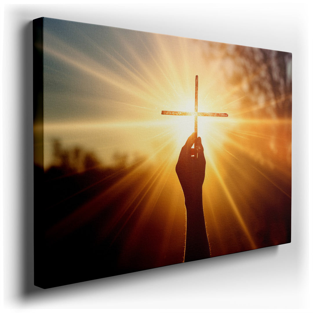 canvas print on wrapped canvas for wall decor – This evocative wall art portrays a powerful and poignant scene: a silhouetted hand gripping a cross against the backdrop...