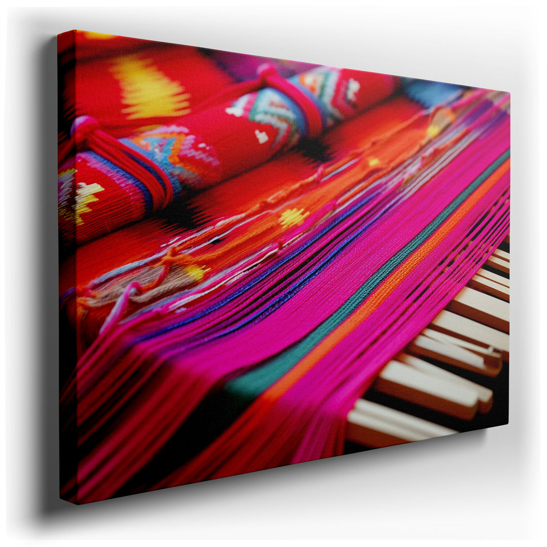 canvas print on wrapped canvas for wall decor – This wall art is a captivating celebration of textile craftsmanship, showcasing an array of handwoven fabrics that are r...