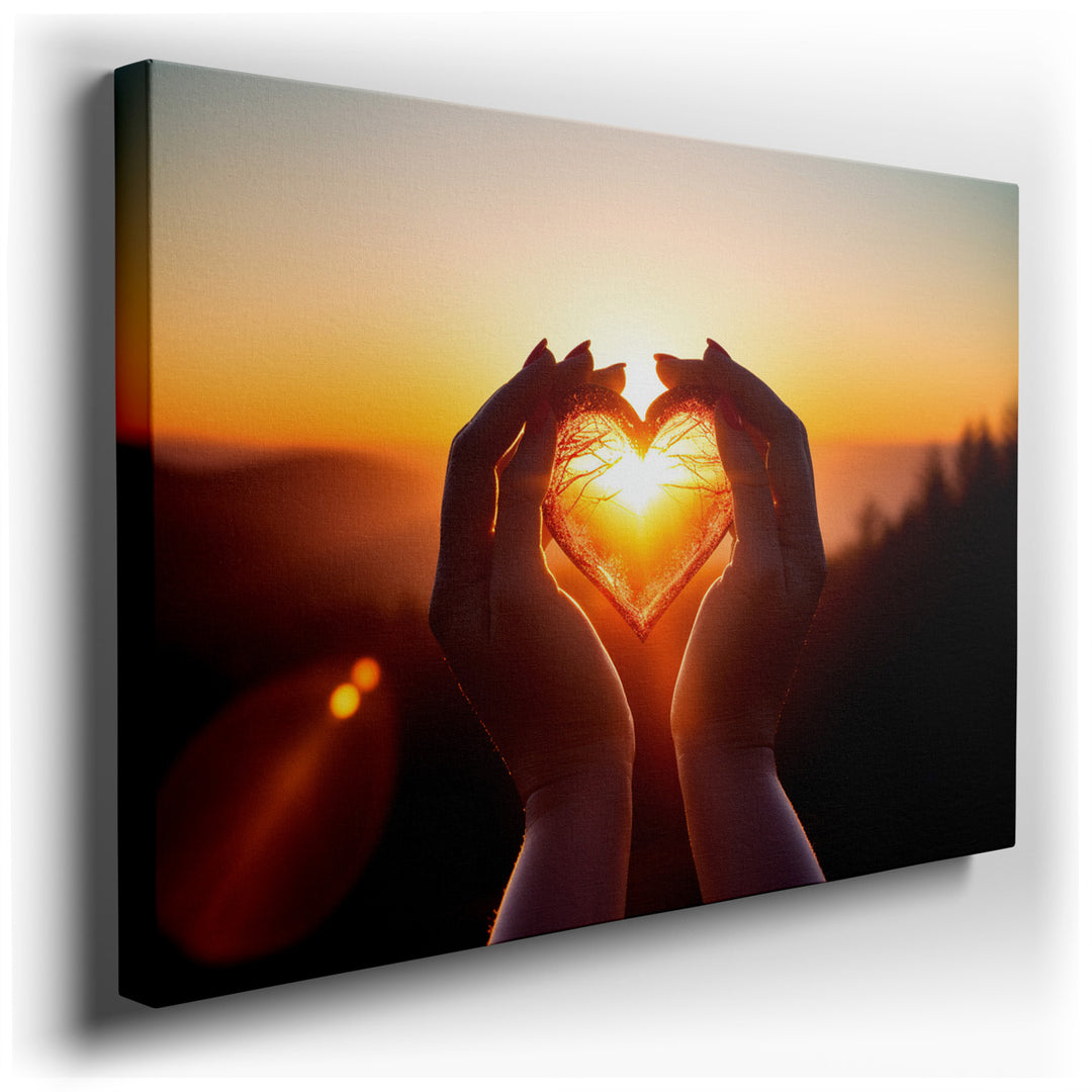canvas print on wrapped canvas for wall decor – This enchanting wall art portrays a heart-shaped silhouette, meticulously formed by two hands against the backdrop of a...