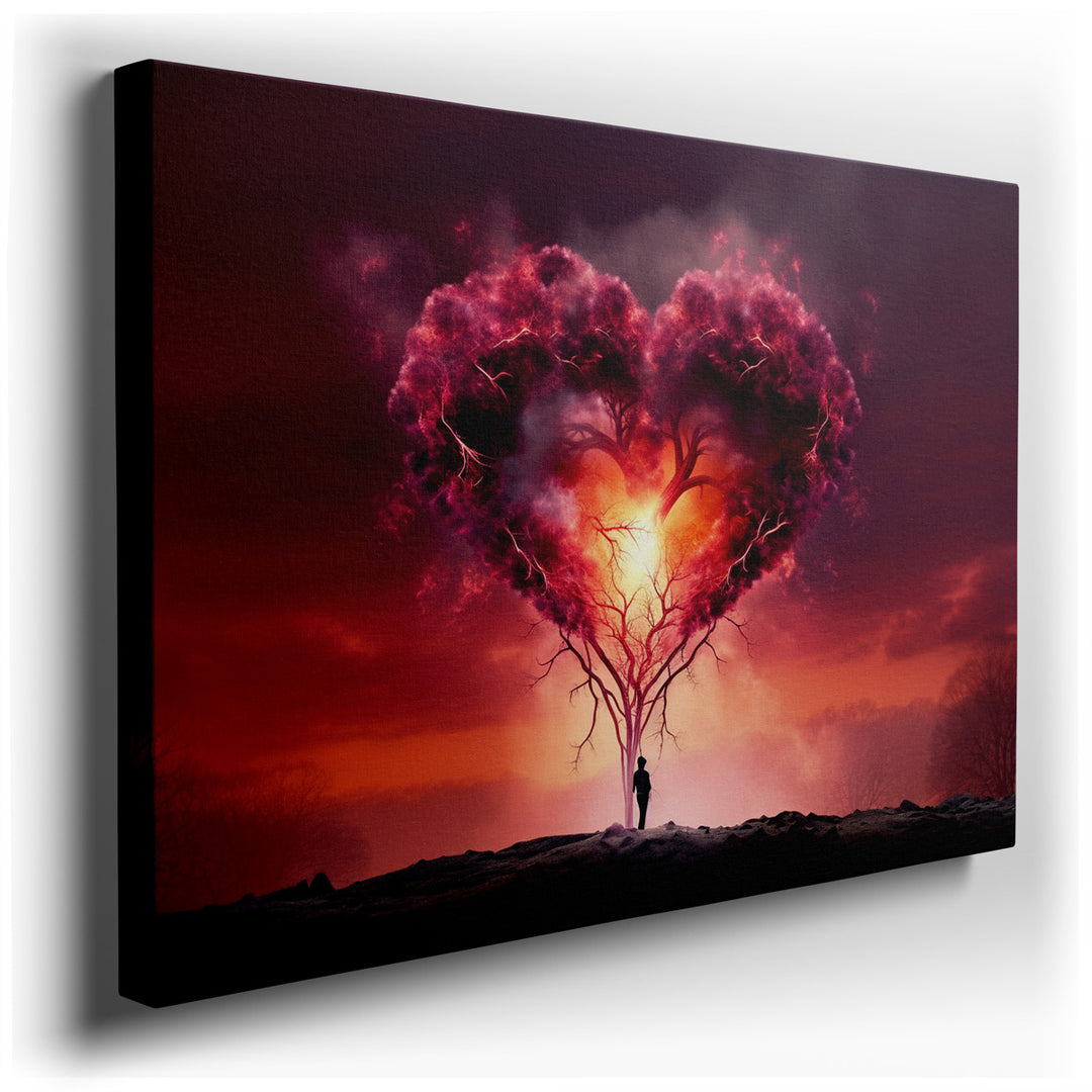 canvas print on wrapped canvas for wall decor – This exquisite wall art, a mesmerizing portrayal of a heart-shaped tree set against a fiery backdrop, is a masterpiece t...