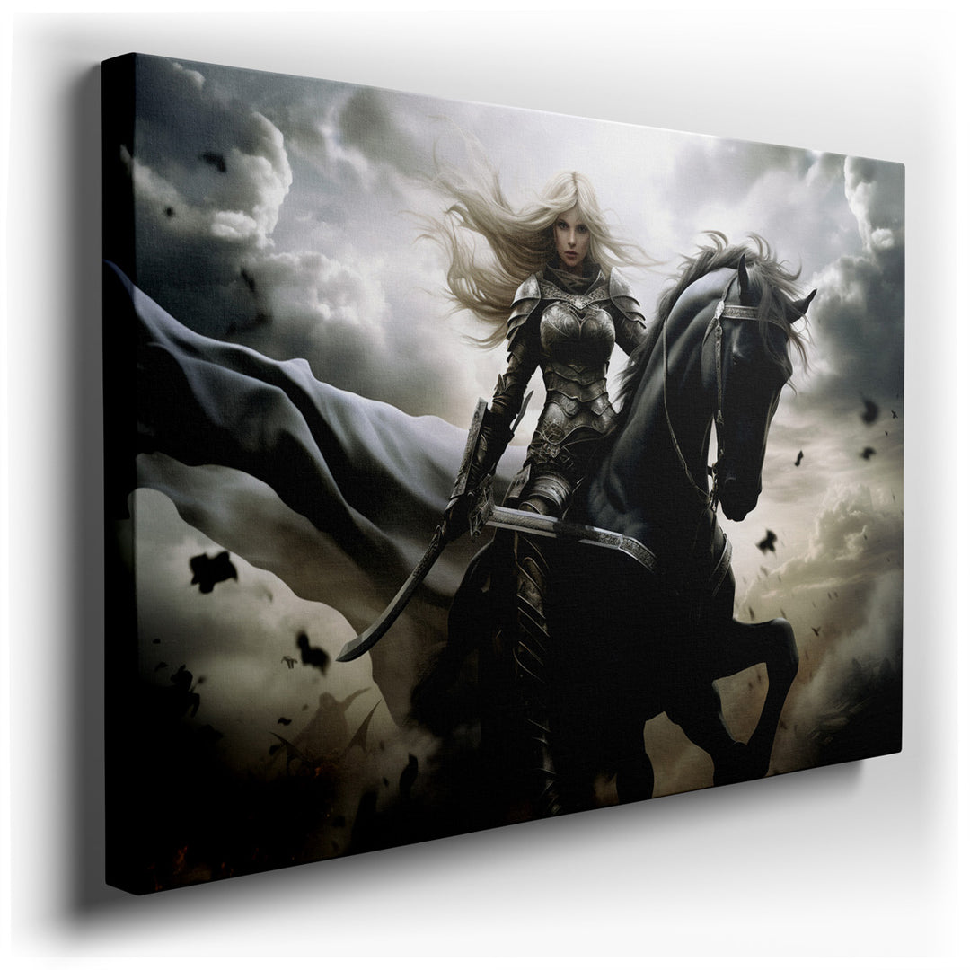 canvas print on wrapped canvas for wall decor – This captivating wall art portrays a heroic female knight, clad in gleaming armor, astride a magnificent black horse, ch...