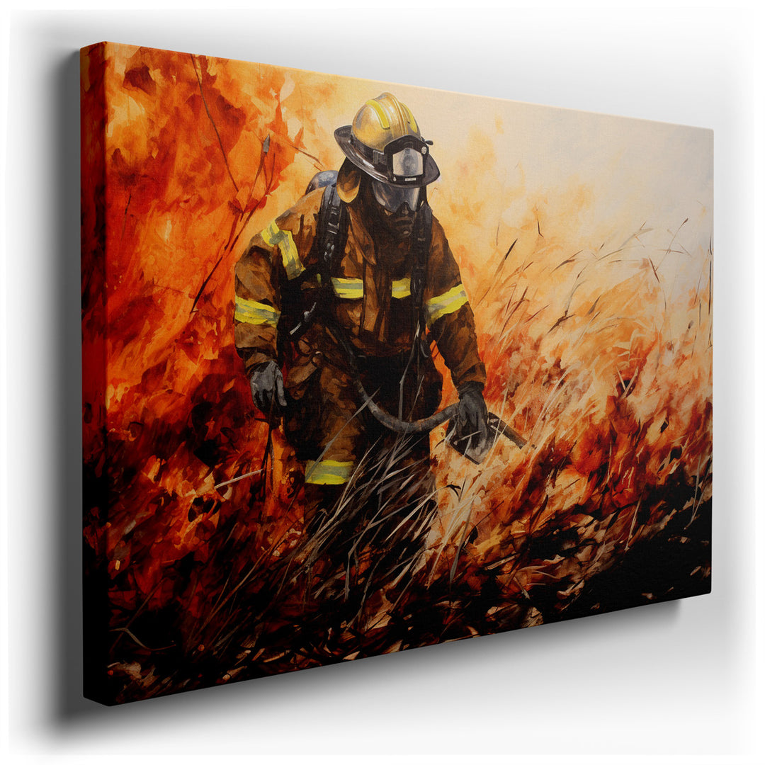 canvas print on wrapped canvas for wall decor – The wall art captures a moment of intense drama and heroism, depicting a courageous firefighter in the midst of battling...