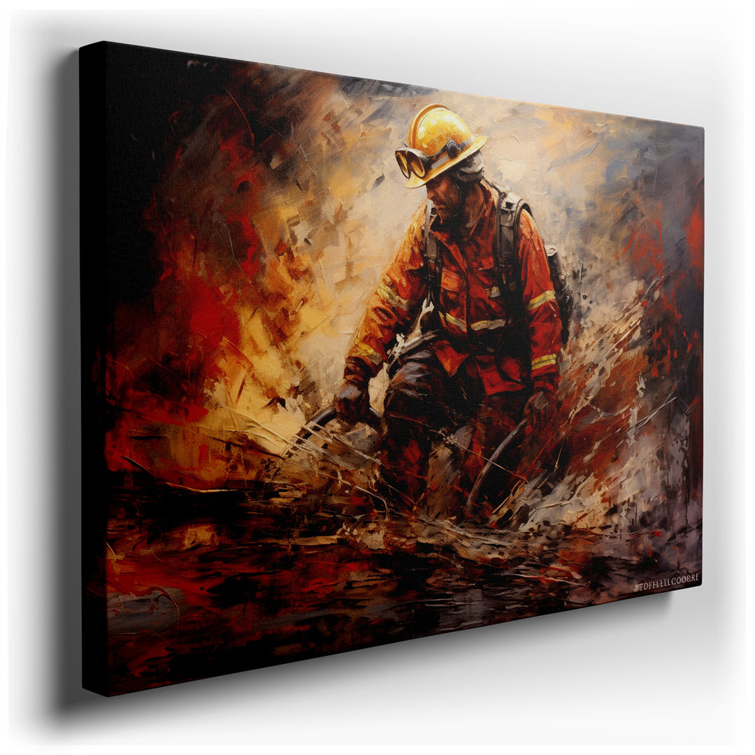 canvas print on wrapped canvas for wall decor – The wall art captures a moment of intense bravery and action, portraying a courageous firefighter in the midst of battli...