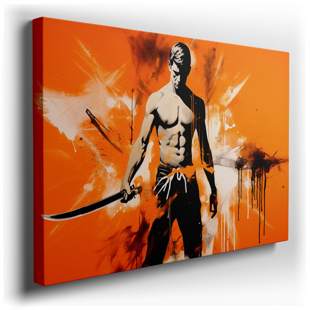 canvas print on wrapped canvas for wall decor – This wall art is a vivid and powerful portrayal of a muscular male figure, dynamically posed with a sword in hand, set a...