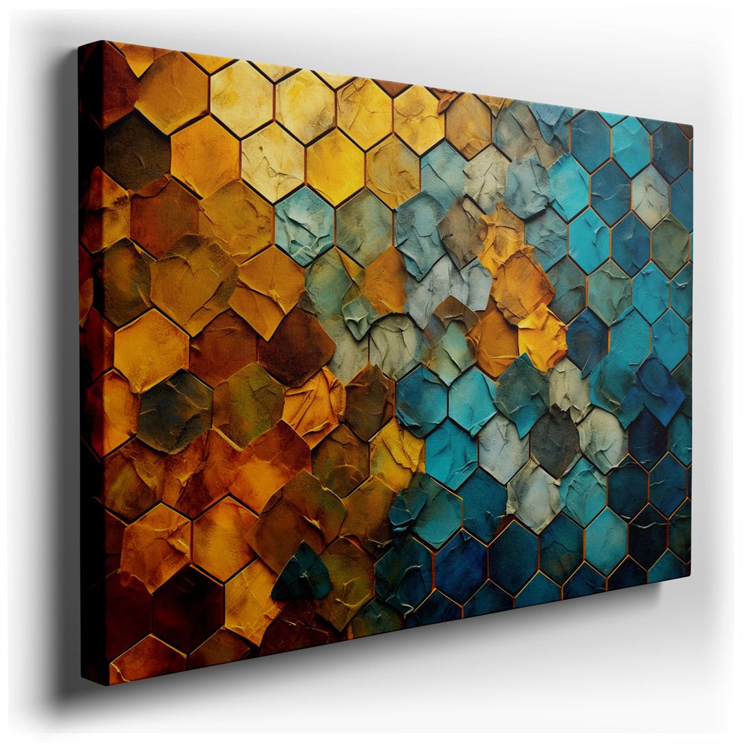 canvas print on wrapped canvas for wall decor – This captivating hexagonal wall art is a masterful exploration of color and form, designed to engage and inspire all who...