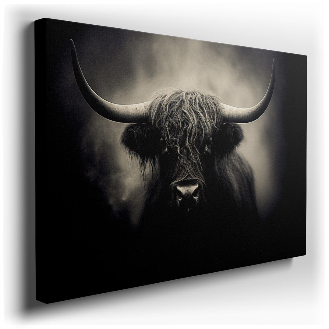 canvas print on wrapped canvas for wall decor – This captivating wall art of a Highland cow is a masterful representation of the rugged beauty and indomitable spirit fo...
