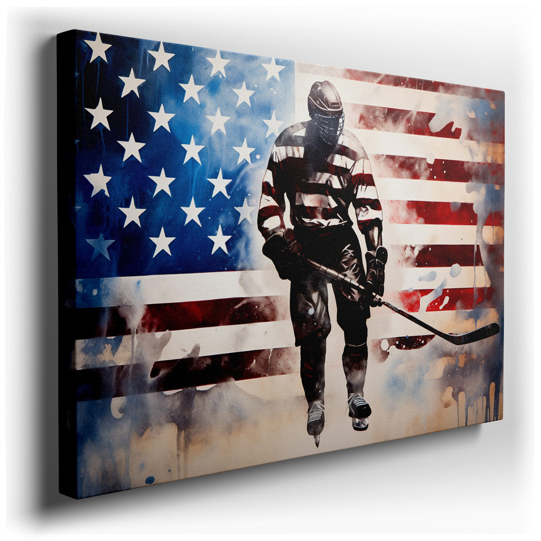 canvas print on wrapped canvas for wall decor – This wall art is a dynamic and evocative portrayal of a hockey player in full motion, set against a vivid backdrop of th...