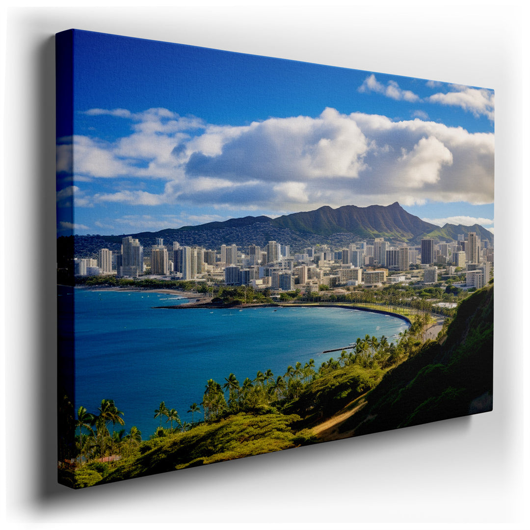 canvas print on wrapped canvas for wall decor – This wall art, an exquisite portrayal of Honolulu's coastline, offers a breathtaking view that captures the essence of a...