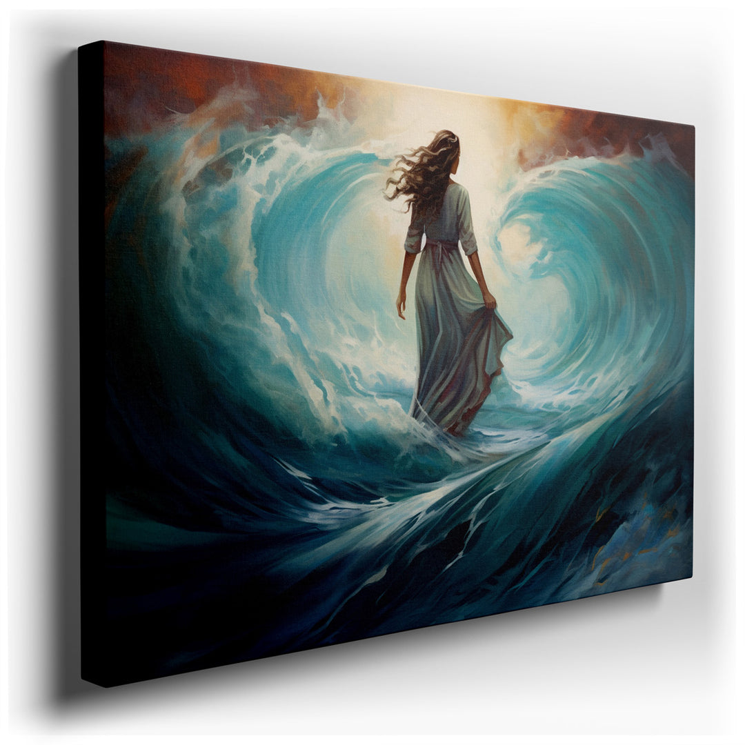 canvas print on wrapped canvas for wall decor – This wall art, a captivating portrayal of a solitary figure navigating the formidable embrace of ocean waves, offers a p...