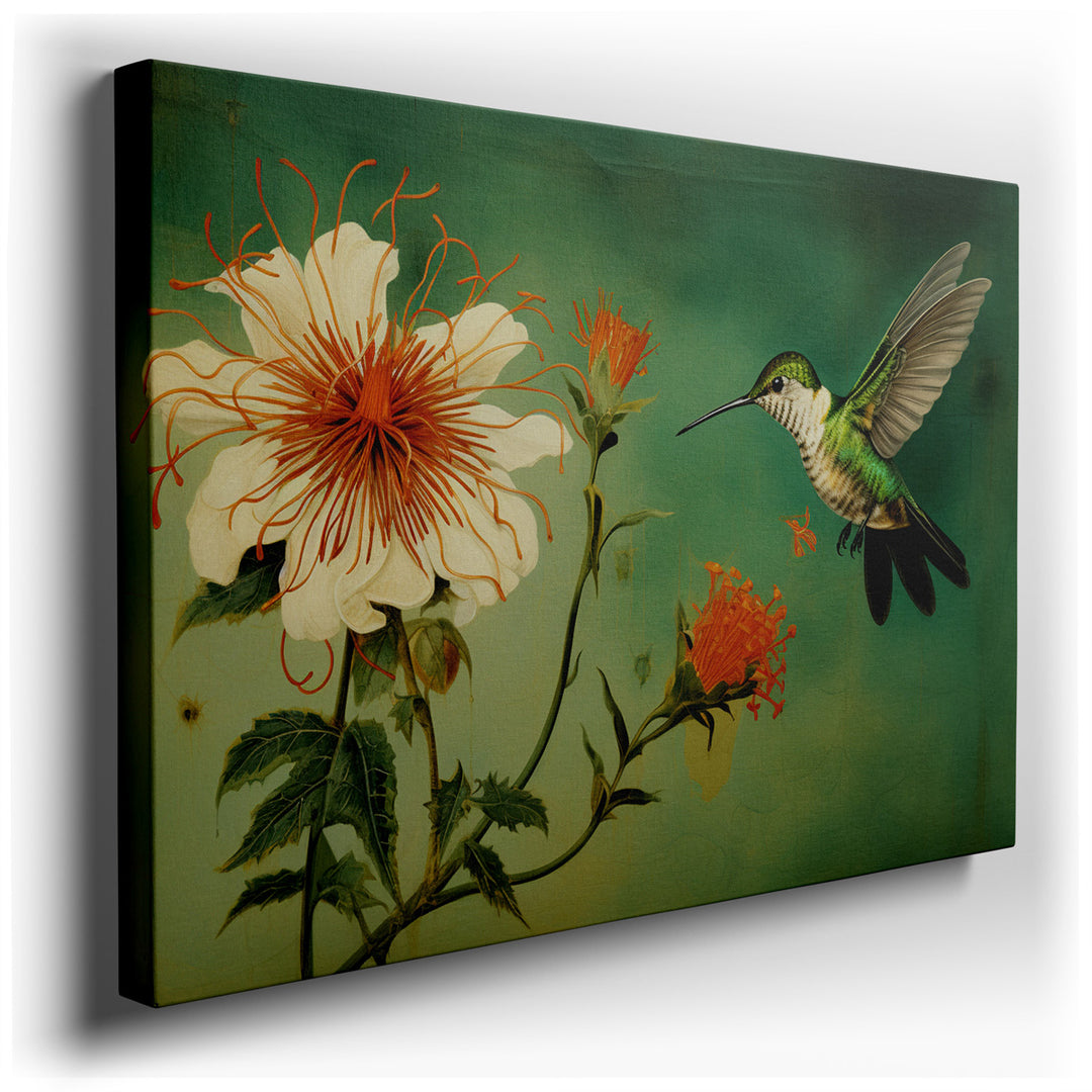 canvas print on wrapped canvas for wall decor – This exquisite wall art captures a moment of pure harmony in nature, featuring a hummingbird delicately suspended in mid...