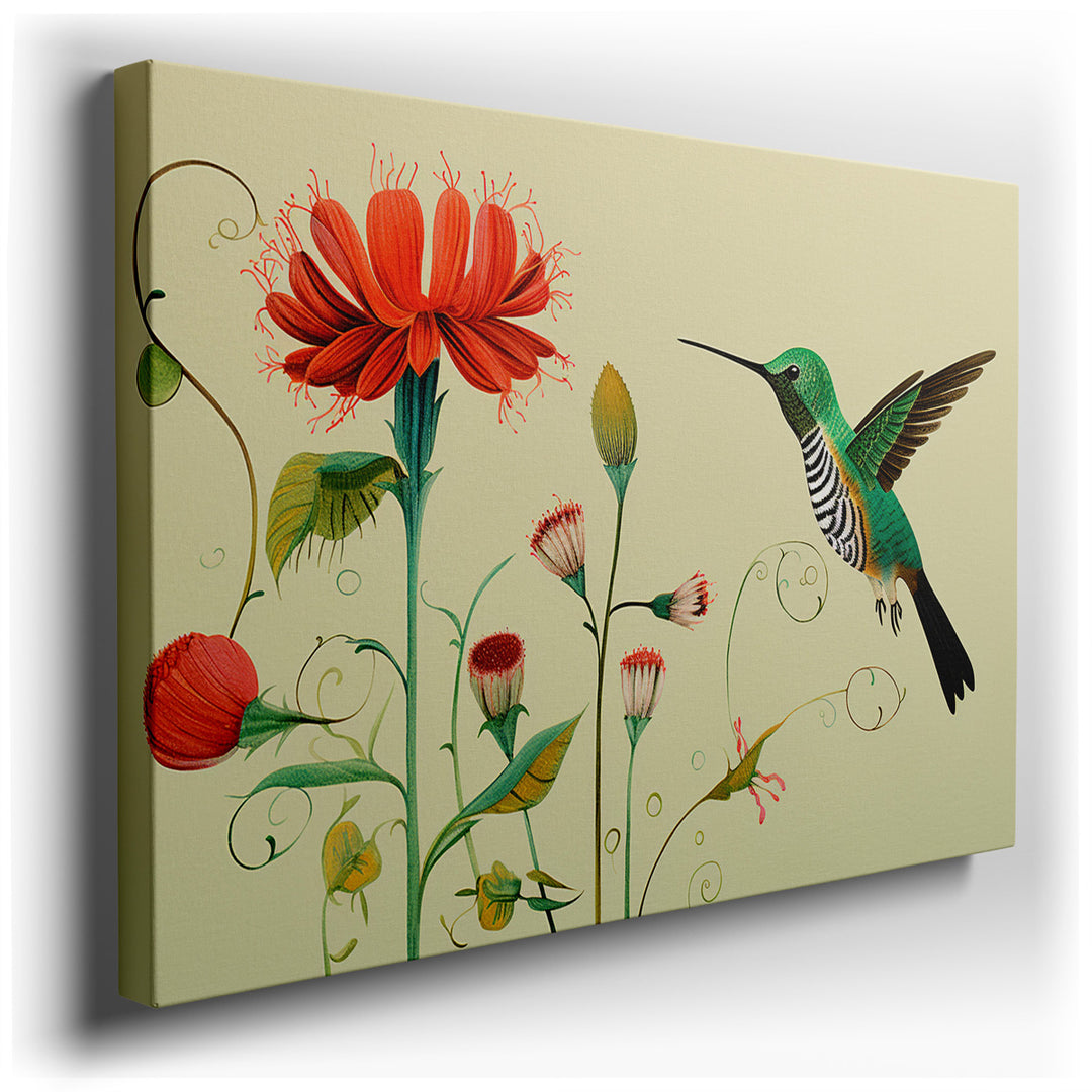 canvas print on wrapped canvas for wall decor – This exquisite wall art captures the enchanting scene of a hummingbird in mid-hover, its tiny wings a blur of motion as...