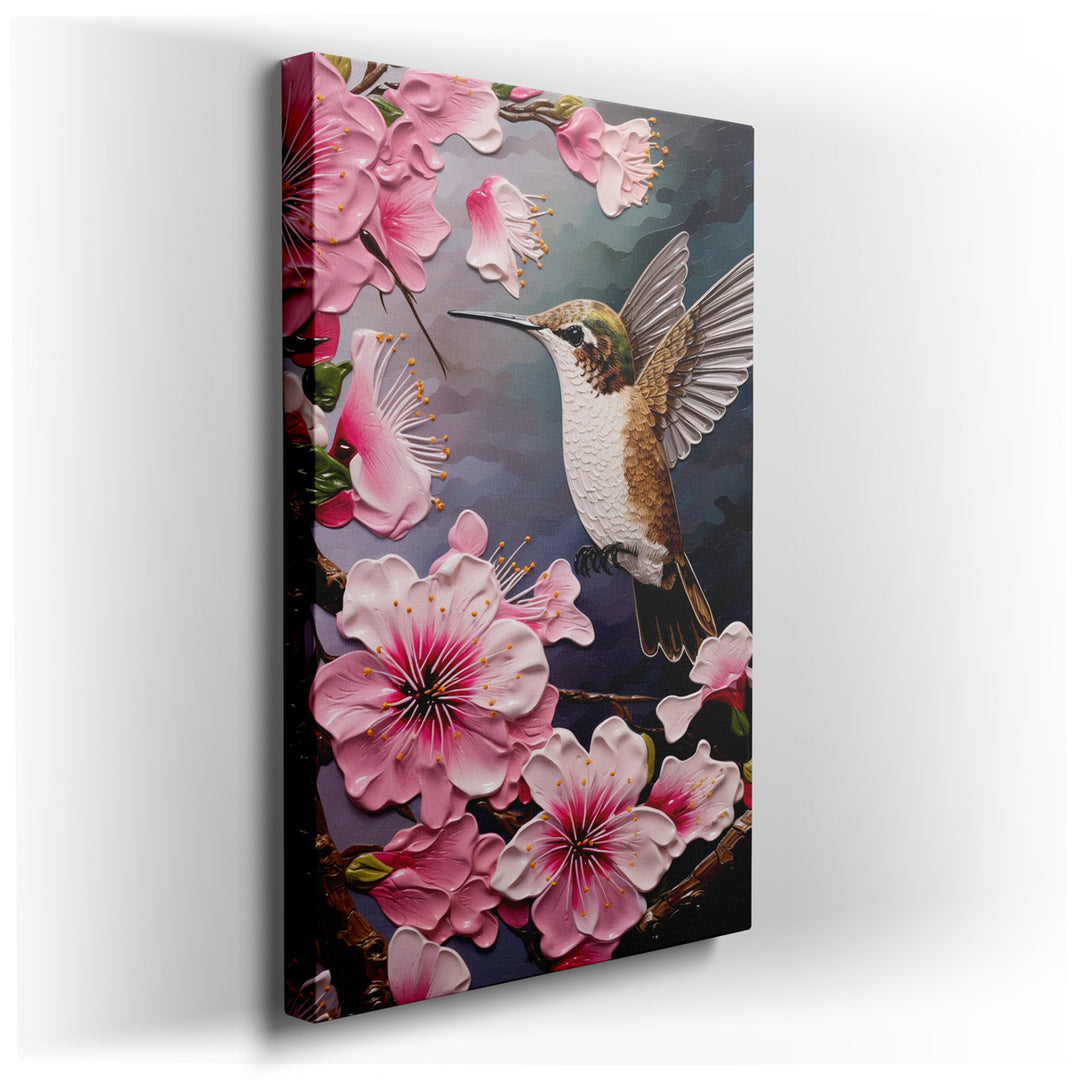 canvas print on wrapped canvas for wall decor – This exquisite wall art captures a moment of pure enchantment, featuring a mesmerizing hummingbird in mid-hover near a c...