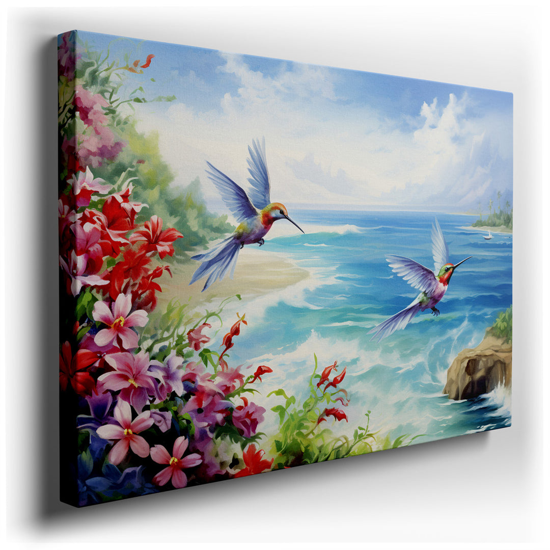 canvas print on wrapped canvas for wall decor – This enchanting wall art, a vivid portrayal of nature's vibrant tapestry, features two colorful hummingbirds in mid-flig...