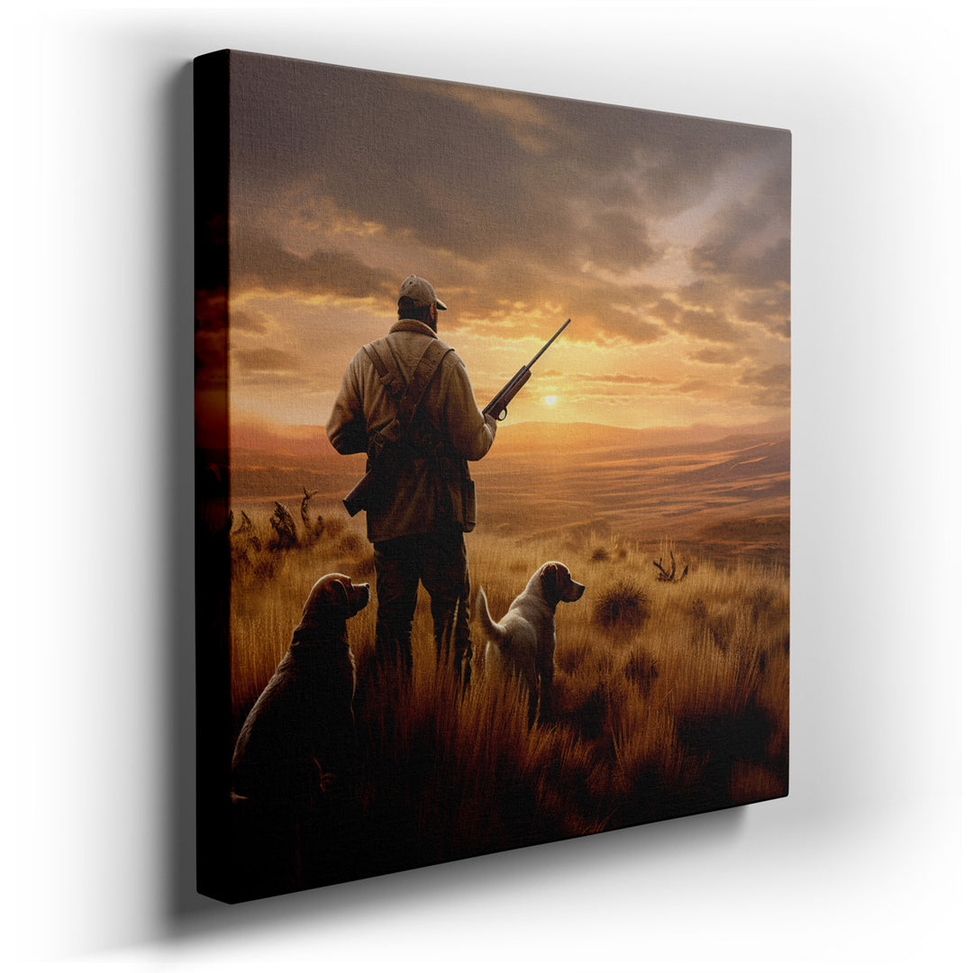 canvas print on wrapped canvas for wall decor – This evocative wall art captures a poignant moment in the great outdoors, featuring the silhouette of a hunter standing...